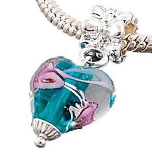 Pandora Aqua Blue Glass Pink Rose Heart Pendant Charm