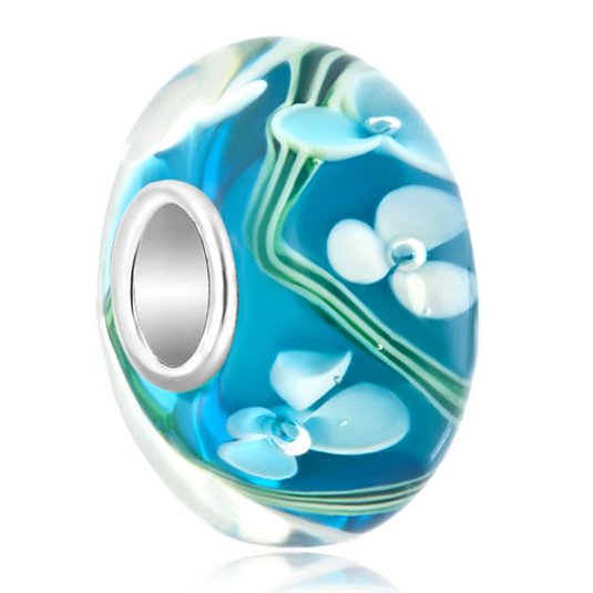 Pandora Blue Murano Glass White Flowers Charm