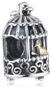 Pandora Golden Bird Silver Cage Green Crystal Charm