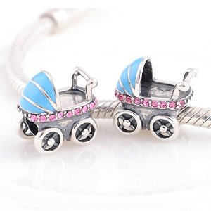 Pandora Light Blue Pink Enamel Baby Buggy Charm image