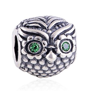 Pandora Owl Head Green Eyes Silver Charm image