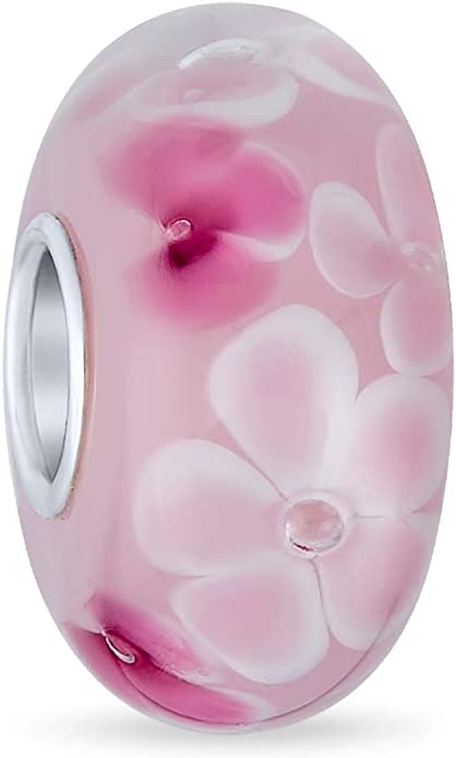 Pandora Pink Flowers Aqua Glass Silver Charm