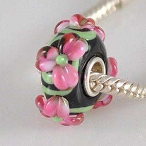 Pandora Pink Flowers Black Green Glass Charm