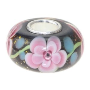 Pandora Pink Flowers On Dark Glass Charm