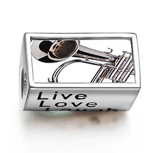 Pandora Silver Tone Trumpet Words Live Love Laugh Charm image