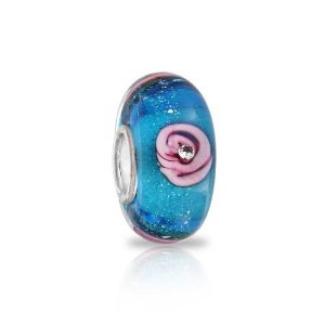 Pandora Simulated Aquamarine Glass Rose Flower Charm