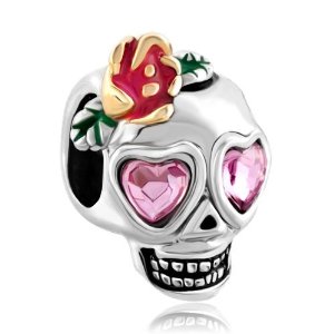 Pandora Skull Rose Pink Swarovski Crystal Eyes Flower Charm