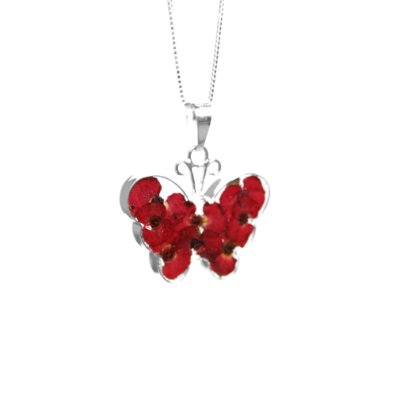 Sterling Silver Poppy Butterfly Real Flowers Pendant